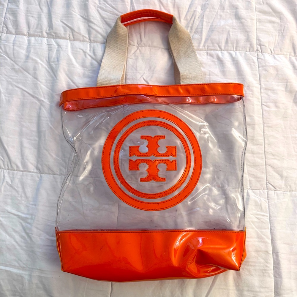 TORY BURCH Orange Clear Ella PVC Tote Bag Large Logo